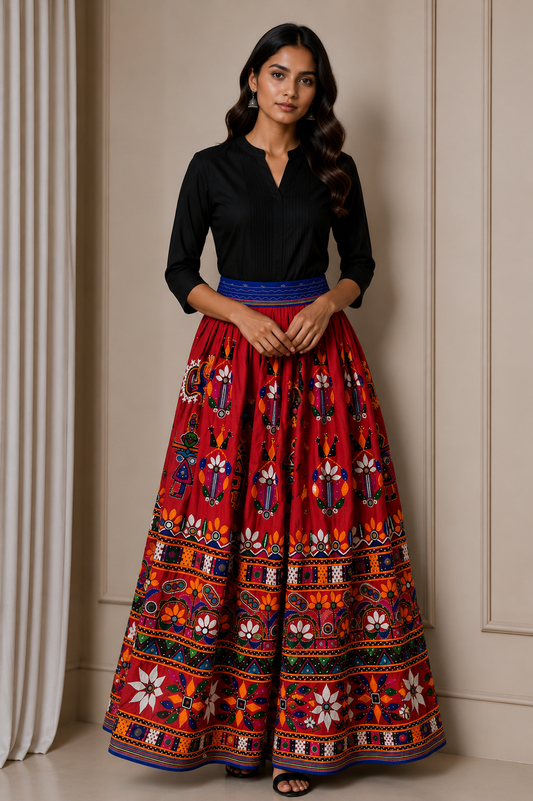 Hand Embroidery Nylon Hand Embroidered Mirror Work Garba Skirt  - 3.2 Mtr Flare (Gher)    -  SKU : VD10A01A