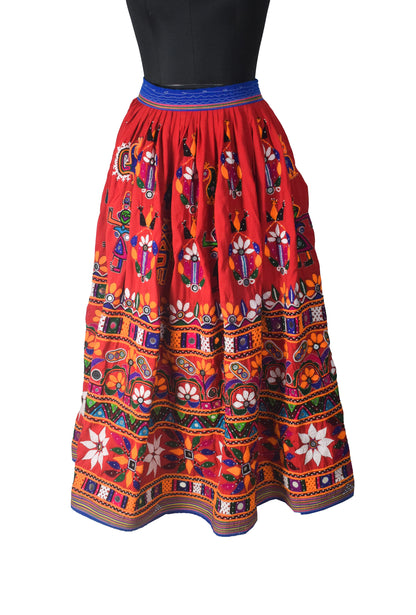 Hand Embroidery Nylon Hand Embroidered Mirror Work Garba Skirt  - 3.2 Mtr Flare (Gher)    -  SKU : VD10A01A