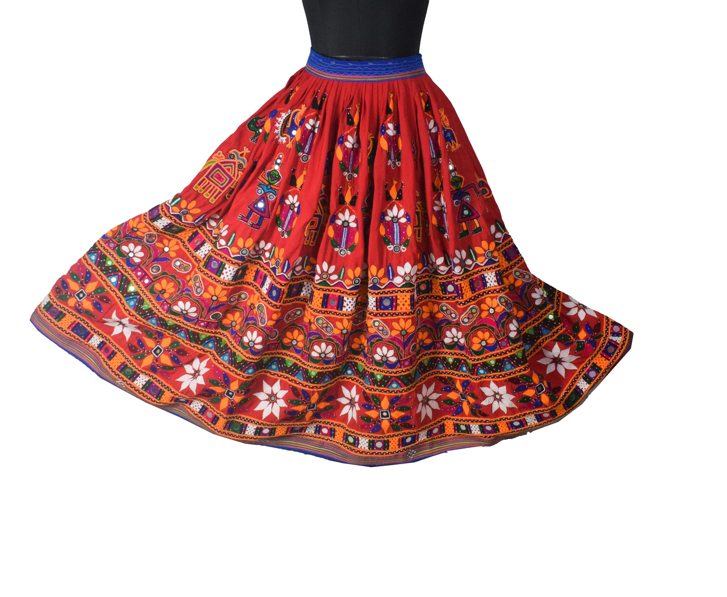 Hand Embroidery Nylon Hand Embroidered Mirror Work Garba Skirt  - 3.2 Mtr Flare (Gher)    -  SKU : VD10A01A