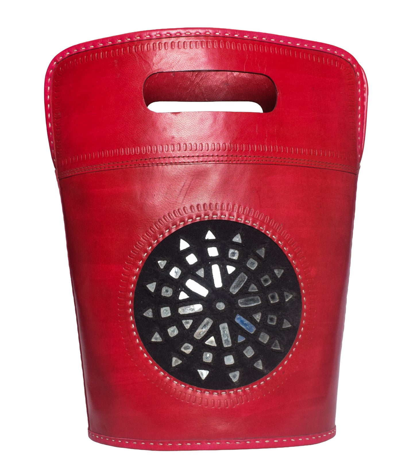 Leather Craft Punch Work Pure Leather Mirrorwork Handbags  - 36 cms Length    -  SKU : AB11601A