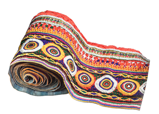 Golwadi Work Cotton Hand Embroidered Fine Mirrorwork Handwork Border  - 2 Mtr Length    -  SKU : VB02902A