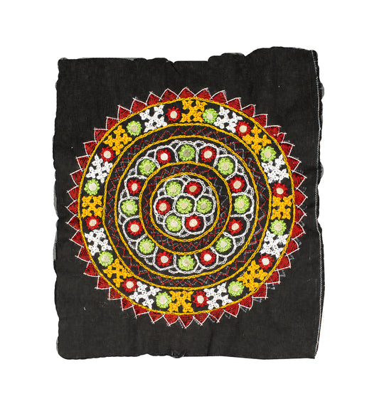 Bavalia Work Cotton Small Mirror Work Hand Embroidery Handwork Patch  - Round - 19 cms Length   -  SKU : 0110-BKGR