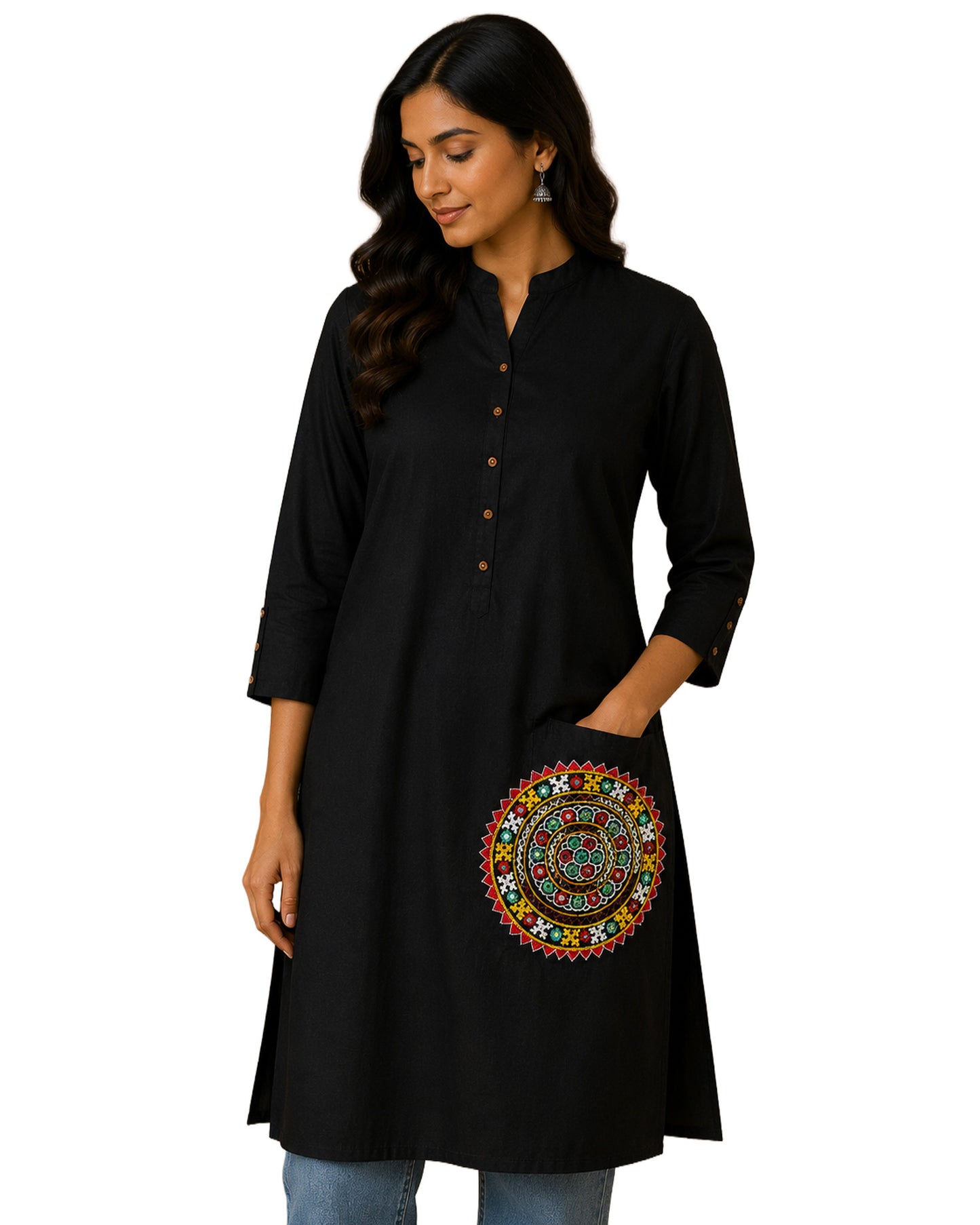 Bavalia Work Cotton Small Mirror Work Hand Embroidery Handwork Patch  - Round - 19 cms Length   -  SKU : 0110-BKGR