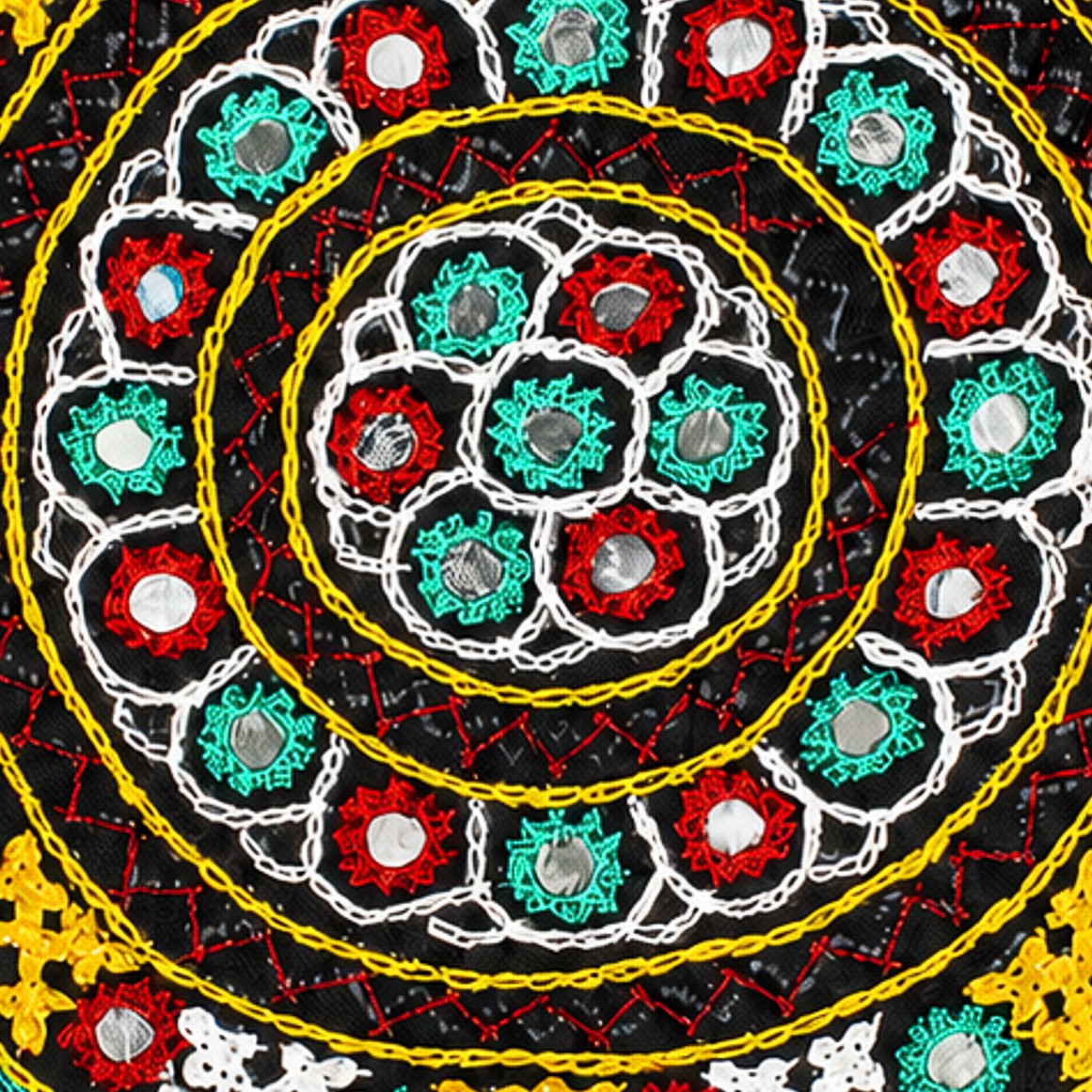 Bavalia Work Cotton Small Mirror Work Hand Embroidery Handwork Patch  - Round - 19 cms Length   -  SKU : 0110-BKRG