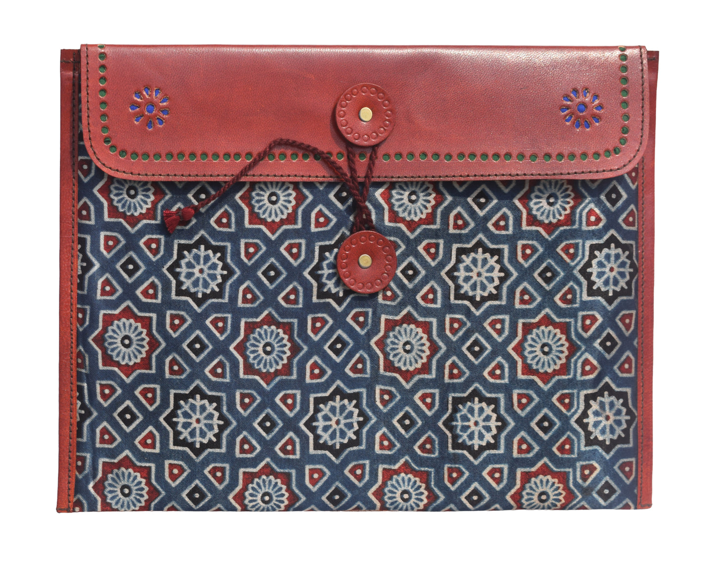 Ajrakh Pure Leather Leathercraft Hand Made Ipad Sleeve with Ajrakh Natural Dyed Mashru Silk Body - 32 cms Length    -  SKU : AB02101B