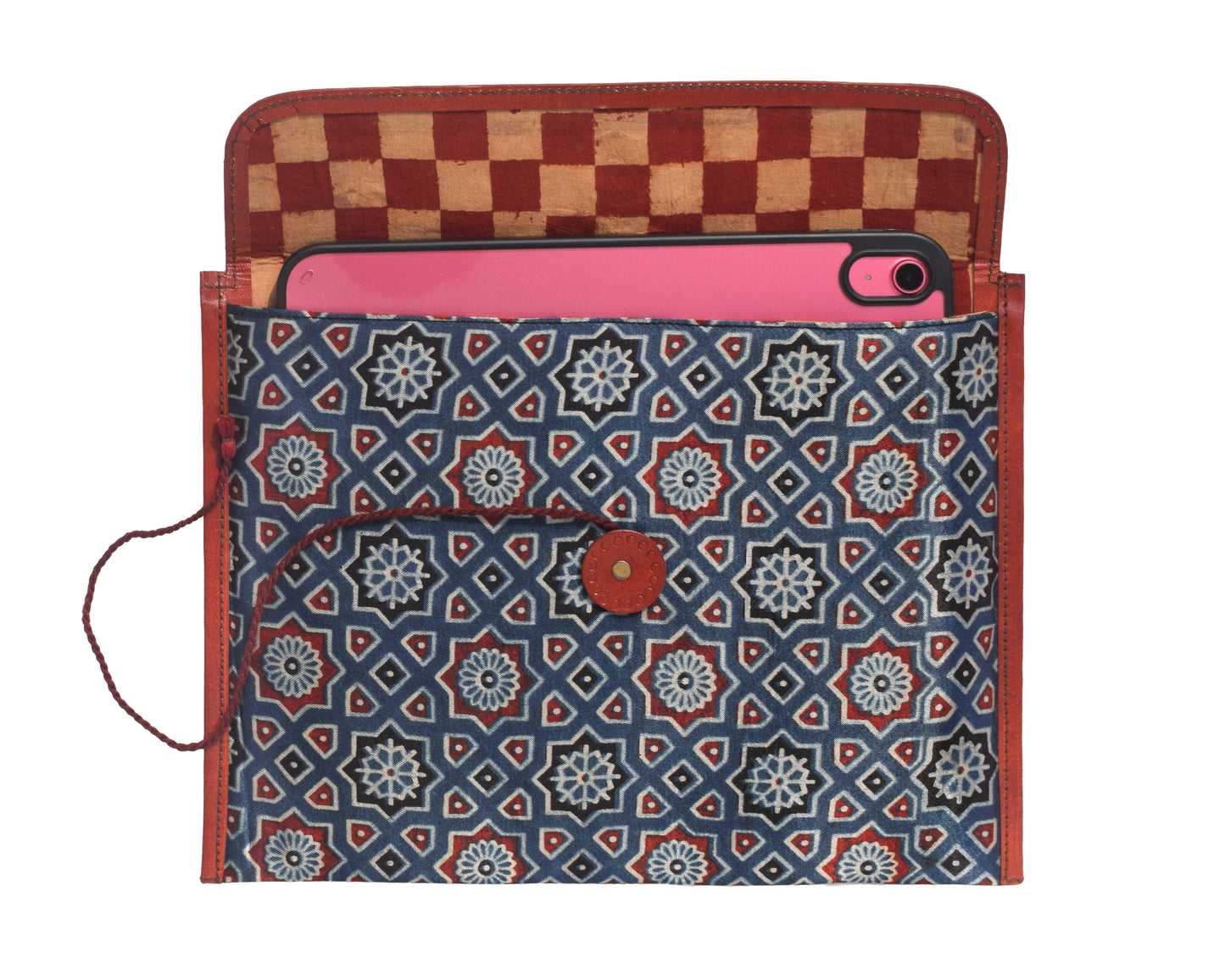 Ajrakh Pure Leather Leathercraft Hand Made Ipad Sleeve with Ajrakh Natural Dyed Mashru Silk Body - 32 cms Length    -  SKU : AB02101B