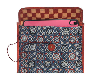 Ajrakh Pure Leather Leathercraft Hand Made Ipad Sleeve with Ajrakh Natural Dyed Mashru Silk Body - 32 cms Length    -  SKU : AB02101B
