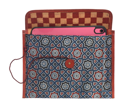 Ajrakh Pure Leather Leathercraft Hand Made Ipad Sleeve with Ajrakh Natural Dyed Mashru Silk Body - 32 cms Length    -  SKU : AB02101B