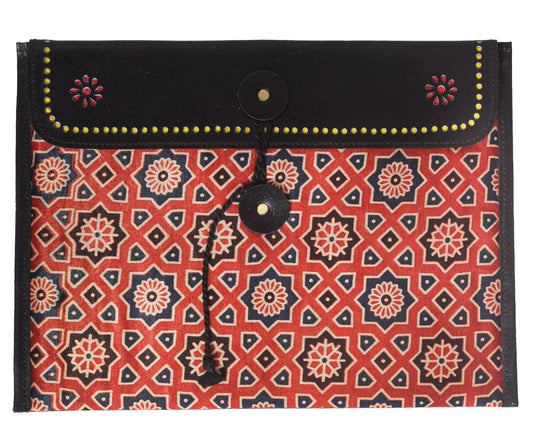 Ajrakh Pure Leather Leathercraft Hand Made Ipad Sleeve with Ajrakh Natural Dyed Mashru Silk Body - 32 cms Length    -  SKU : AB02C02A