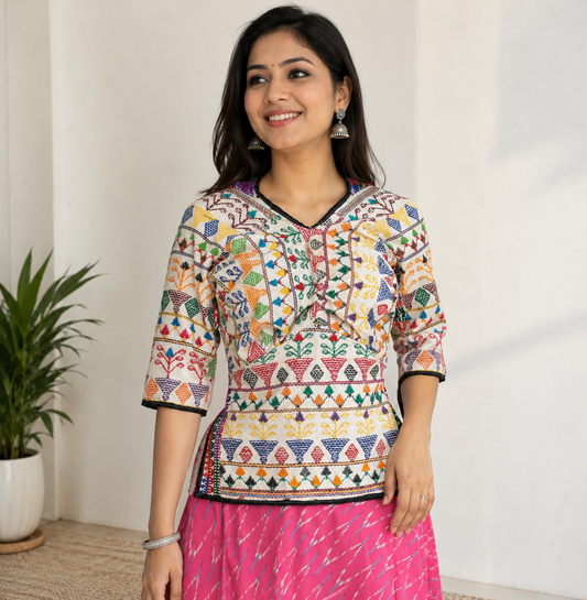 Dhebariya Rabari Work Cotton Fine Threadwork Hand Embroidery Kajari    -  SKU: SD28503A
