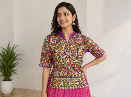 Ahir Work Cotton Hand Embroidered Fine Mirrorwork Kajari  - 50 cms Length    -  SKU : MD18905A