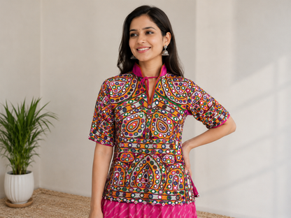 Ahir Work Cotton Hand Embroidered Fine Mirrorwork Kajari  - 50 cms Length    -  SKU : MD18906A