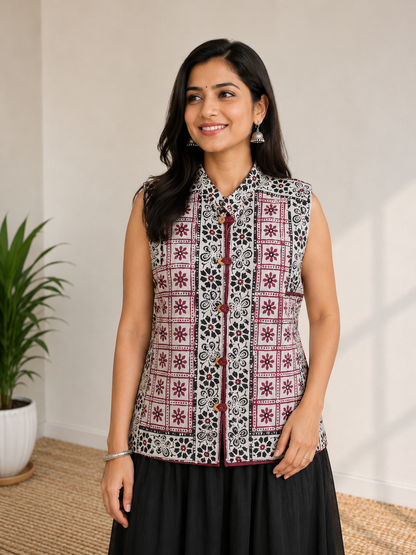 Bela Print Cotton Small Mirror Work Koti  - 65 cms Length    -  SKU : KU22502B