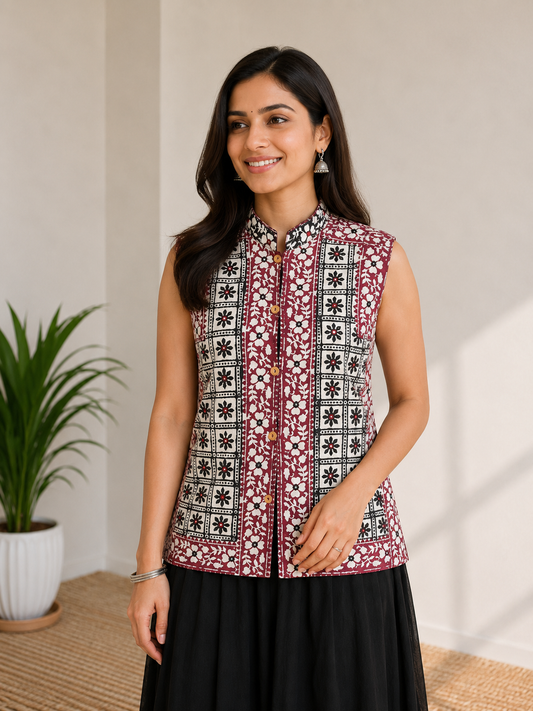 Bela Print Cotton Small Mirror Work Koti  - 65 cms Length    -  SKU : RD03801B
