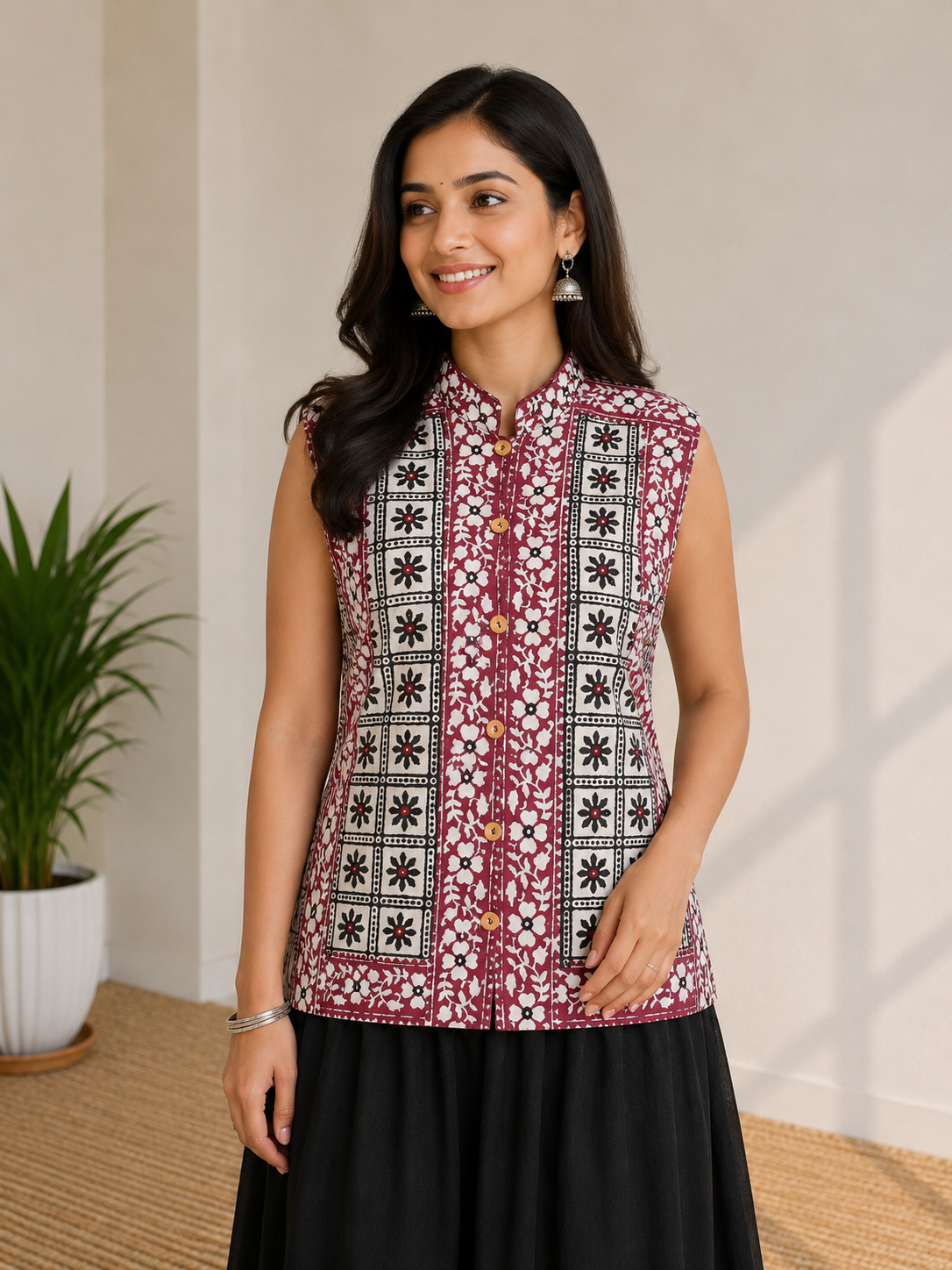 Bela Print Cotton Small Mirror Work Koti  - 65 cms Length    -  SKU : RD03801A