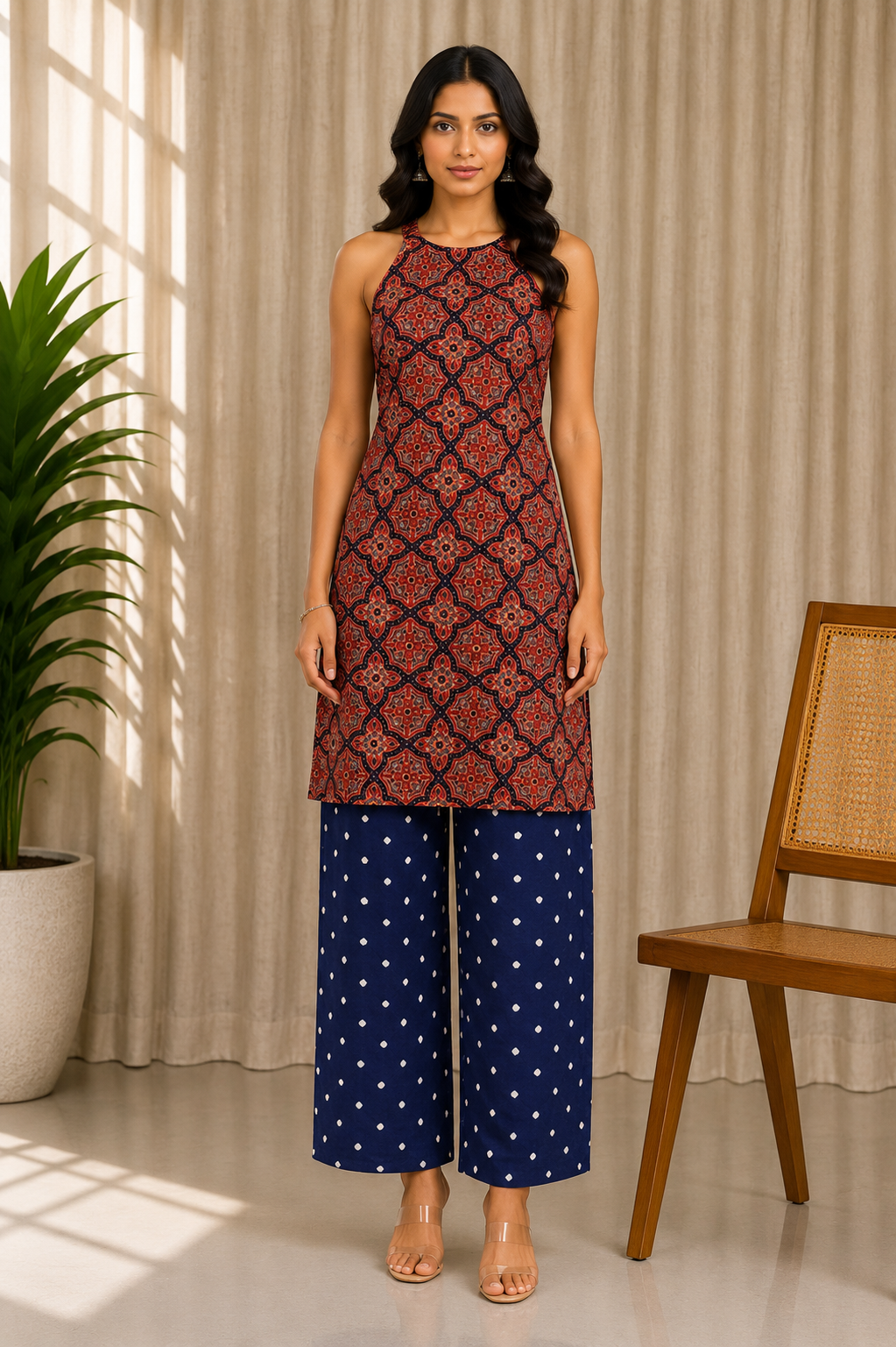 Ajrakh Satin Cotton Natural Dye Hand Block Print Kurta-Salwar ( Two Piece Set) with Bandhej Bottom - 2.5 Mtr Length    -  SKU : EK17301A