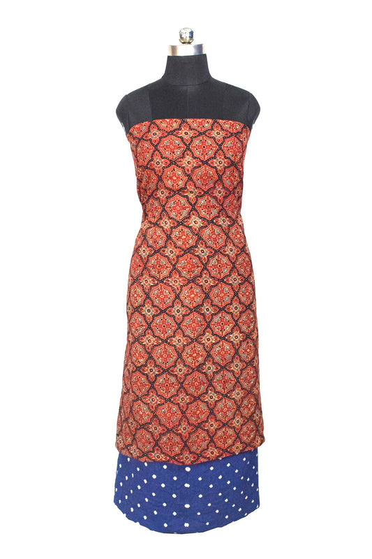 Ajrakh Satin Cotton Natural Dye Hand Block Print Kurta-Salwar ( Two Piece Set) with Bandhej Bottom - 2.5 Mtr Length    -  SKU : EK17301A