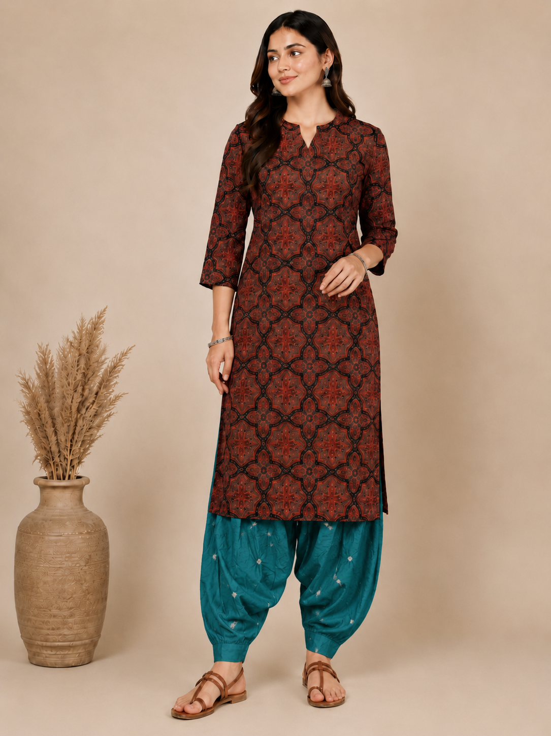 Ajrakh Satin Cotton Natural Dye Hand Block Print Kurta-Salwar ( Two Piece Set) with Bandhej Bottom - 2.5 Mtr Length   -  SKU : EK16601A