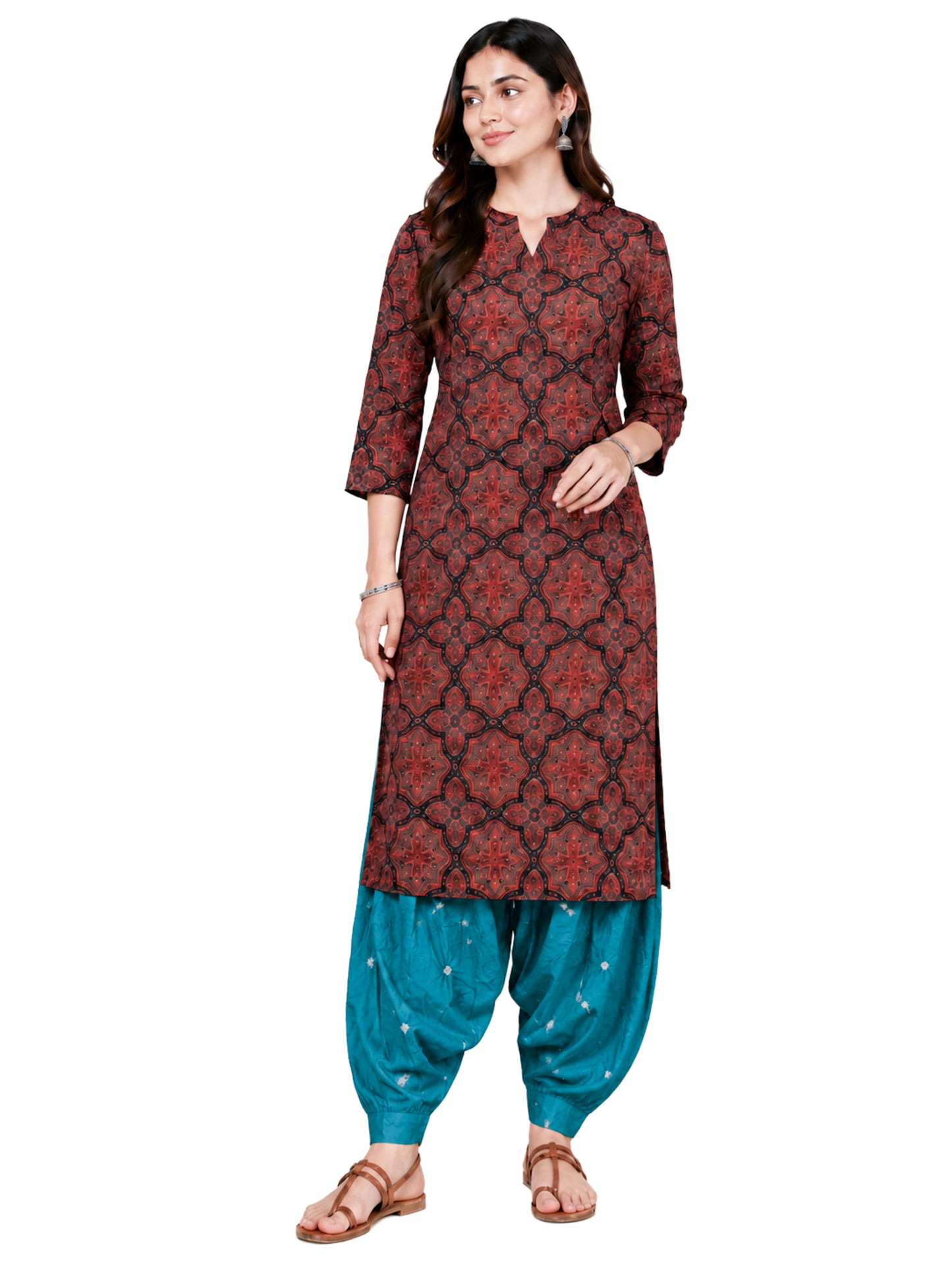 Ajrakh Satin Cotton Natural Dye Hand Block Print Kurta-Salwar ( Two Piece Set) with Bandhej Bottom - 2.5 Mtr Length   -  SKU : EK16601A