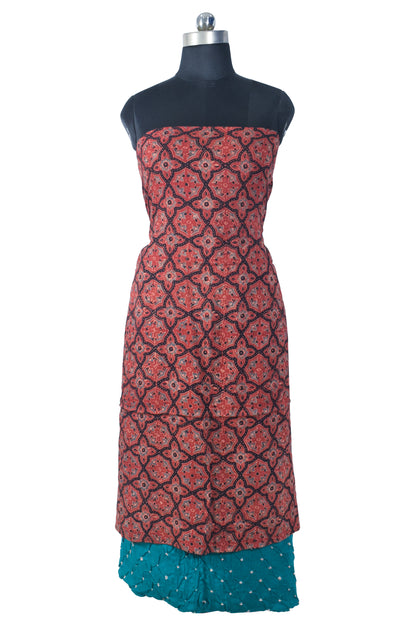Ajrakh Satin Cotton Natural Dye Hand Block Print Kurta-Salwar ( Two Piece Set) with Bandhej Bottom - 2.5 Mtr Length   -  SKU : EK16601A