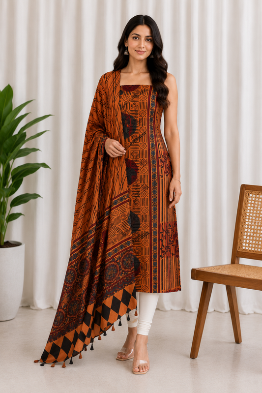 Ajrakh Modal Silk Natural Dye Hand Block Print Kurta-Dupatta (Two Piece Set) with Full Ajrakh Heavy Dupatta with Tassels     -  SKU : ID25701M