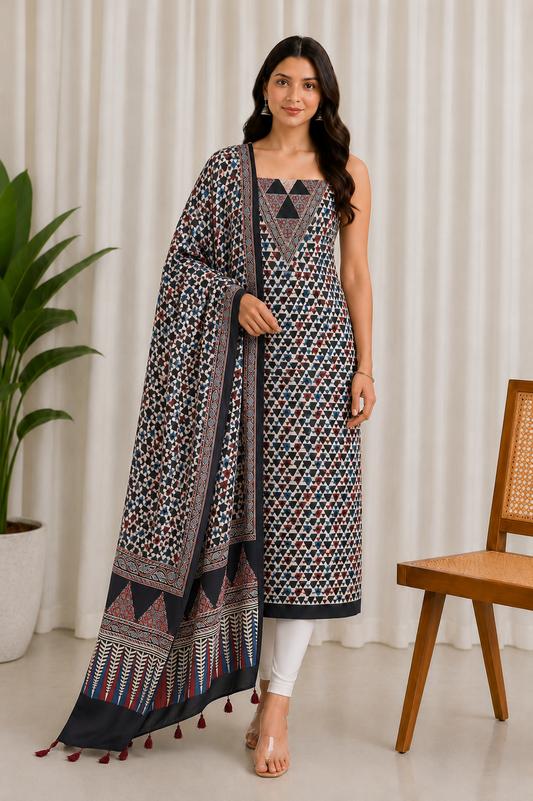Ajrakh Modal Silk Natural Dye Three Colour Print | 3 Kam | Hand Block Print Kurta-Dupatta (Two Piece Set) with Full Ajrakh Heavy Dupatta with Tassels - 2.5 Mtr Length   -  SKU : AI10601A