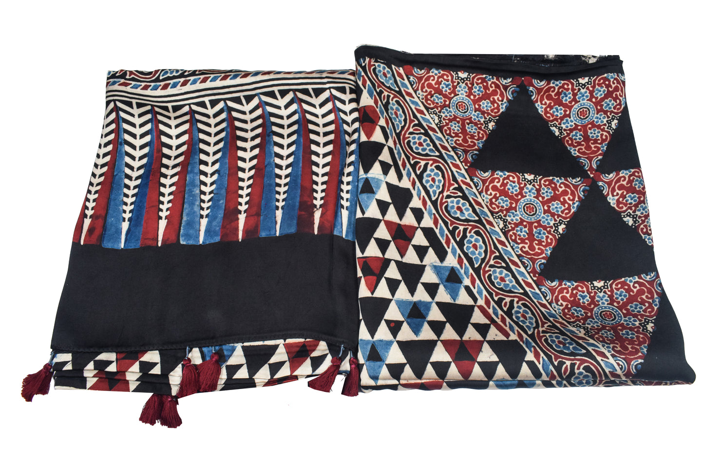Ajrakh Modal Silk Natural Dye Three Colour Print | 3 Kam | Hand Block Print Kurta-Dupatta (Two Piece Set) with Full Ajrakh Heavy Dupatta with Tassels - 2.5 Mtr Length   -  SKU : AI10601A