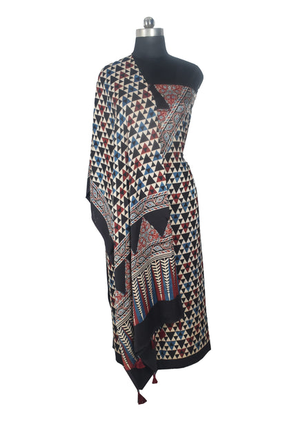 Ajrakh Modal Silk Natural Dye Three Colour Print | 3 Kam | Hand Block Print Kurta-Dupatta (Two Piece Set) with Full Ajrakh Heavy Dupatta with Tassels - 2.5 Mtr Length   -  SKU : AI10601A