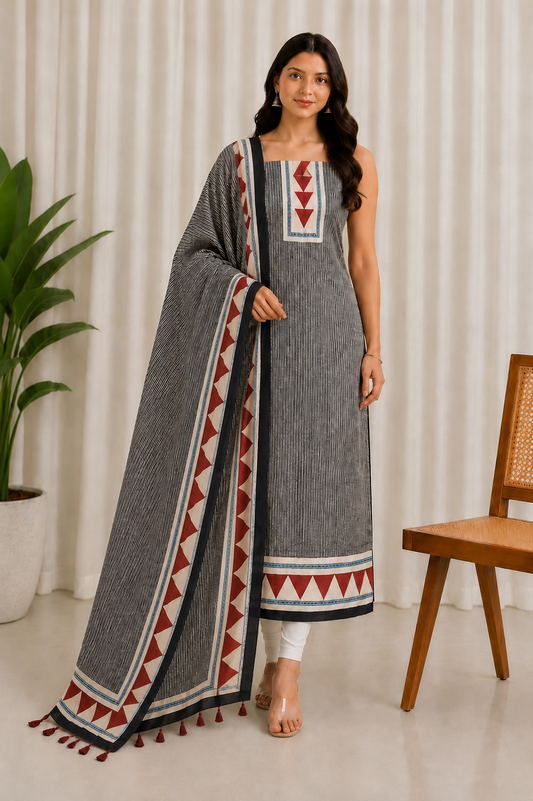 Ajrakh Modal Silk Natural Dye Three Colour Print | 3 Kam | Hand Block Print Kurta-Dupatta (Two Piece Set) with Full Ajrakh Heavy Dupatta with Tassels - 2.5 Mtr Length   -  SKU : AI10601D