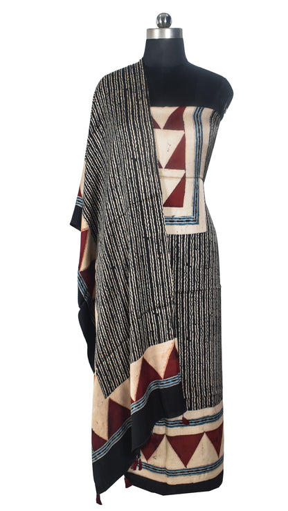 Ajrakh Modal Silk Natural Dye Three Colour Print | 3 Kam | Hand Block Print Kurta-Dupatta (Two Piece Set) with Full Ajrakh Heavy Dupatta with Tassels - 2.5 Mtr Length   -  SKU : AI10601D