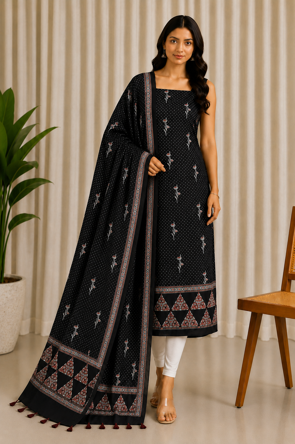 Ajrakh Modal Silk Natural Dye Three Colour Print | 3 Kam | Hand Block Print Kurta-Dupatta (Two Piece Set) with Full Ajrakh Heavy Dupatta with Tassels - 2.5 Mtr Length   -  SKU : AI10601G