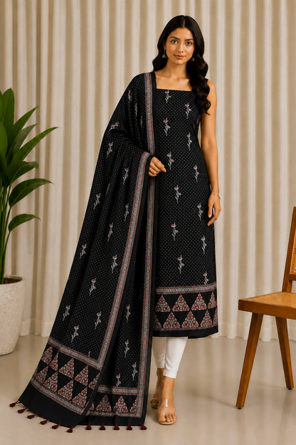 Ajrakh Modal Silk Natural Dye Three Colour Print | 3 Kam | Hand Block Print Kurta-Dupatta (Two Piece Set) with Full Ajrakh Heavy Dupatta with Tassels - 2.5 Mtr Length   -  SKU : AI10601G