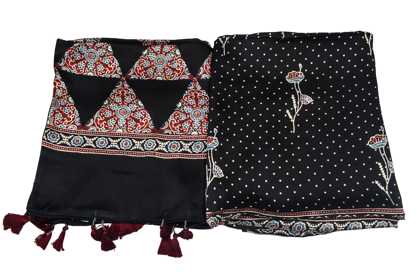 Ajrakh Modal Silk Natural Dye Three Colour Print | 3 Kam | Hand Block Print Kurta-Dupatta (Two Piece Set) with Full Ajrakh Heavy Dupatta with Tassels - 2.5 Mtr Length   -  SKU : AI10601G