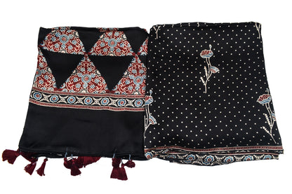 Ajrakh Modal Silk Natural Dye Three Colour Print | 3 Kam | Hand Block Print Kurta-Dupatta (Two Piece Set) with Full Ajrakh Heavy Dupatta with Tassels - 2.5 Mtr Length   -  SKU : AI10601G