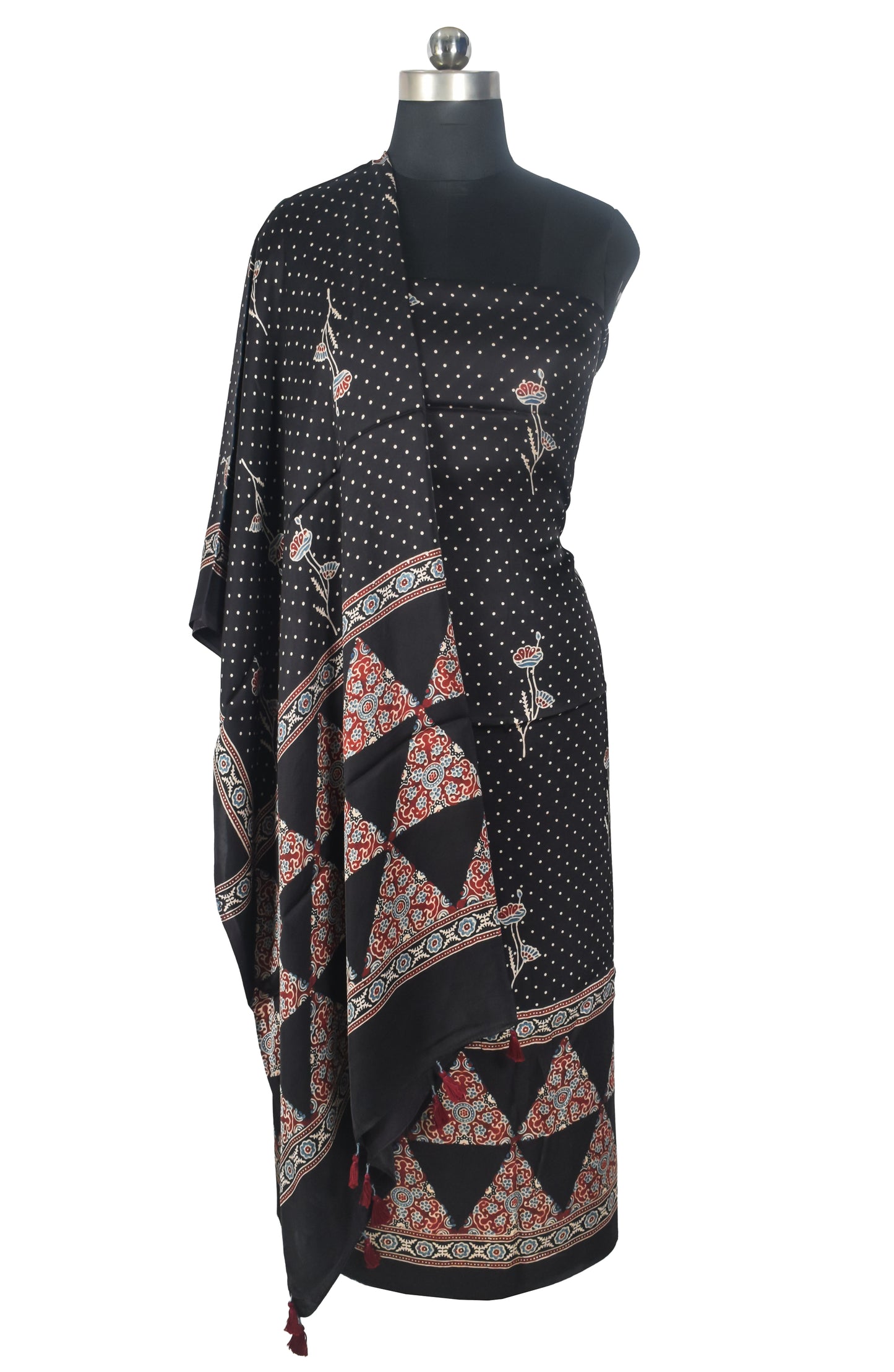 Ajrakh Modal Silk Natural Dye Three Colour Print | 3 Kam | Hand Block Print Kurta-Dupatta (Two Piece Set) with Full Ajrakh Heavy Dupatta with Tassels - 2.5 Mtr Length   -  SKU : AI10601G
