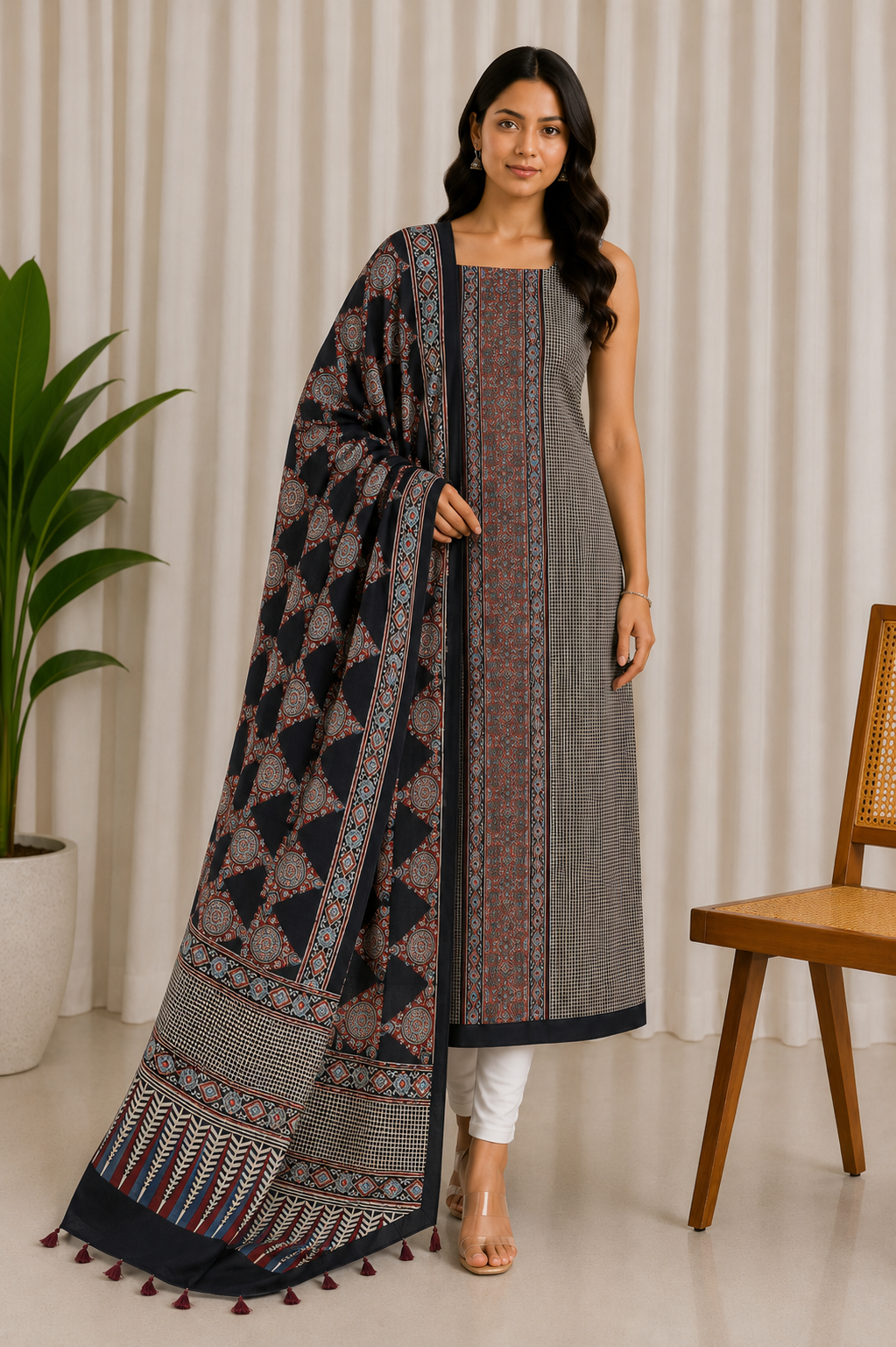 Ajrakh Modal Silk Natural Dye Three Colour Print | 3 Kam | Hand Block Print Kurta-Dupatta (Two Piece Set) with Full Ajrakh Heavy Dupatta with Tassels - 2.5 Mtr Length   -  SKU : AI10601J