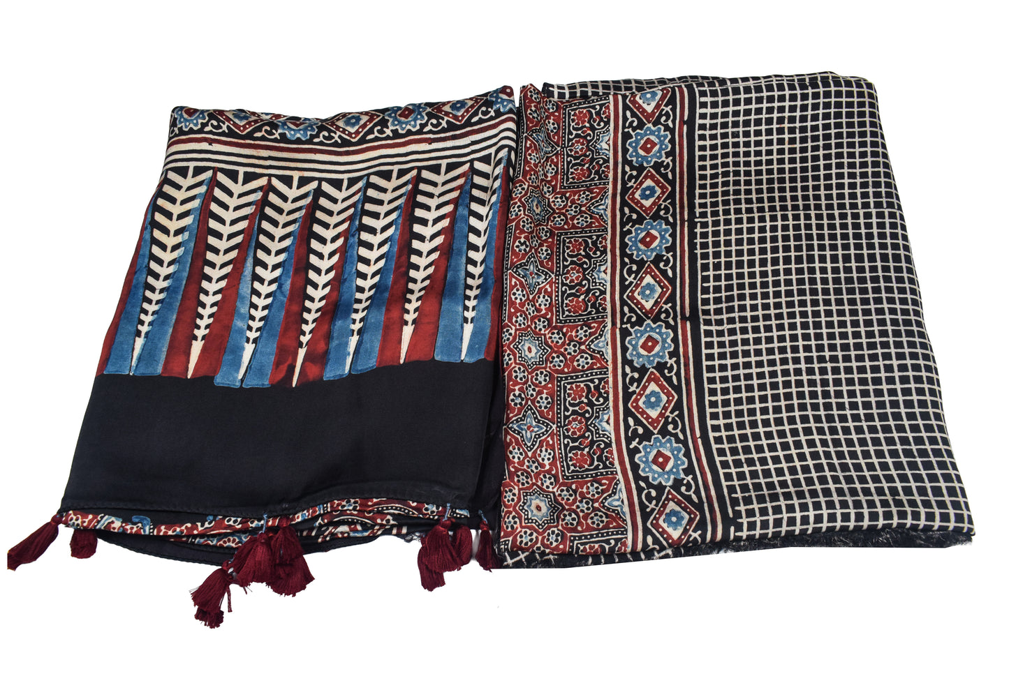 Ajrakh Modal Silk Natural Dye Three Colour Print | 3 Kam | Hand Block Print Kurta-Dupatta (Two Piece Set) with Full Ajrakh Heavy Dupatta with Tassels - 2.5 Mtr Length   -  SKU : AI10601J