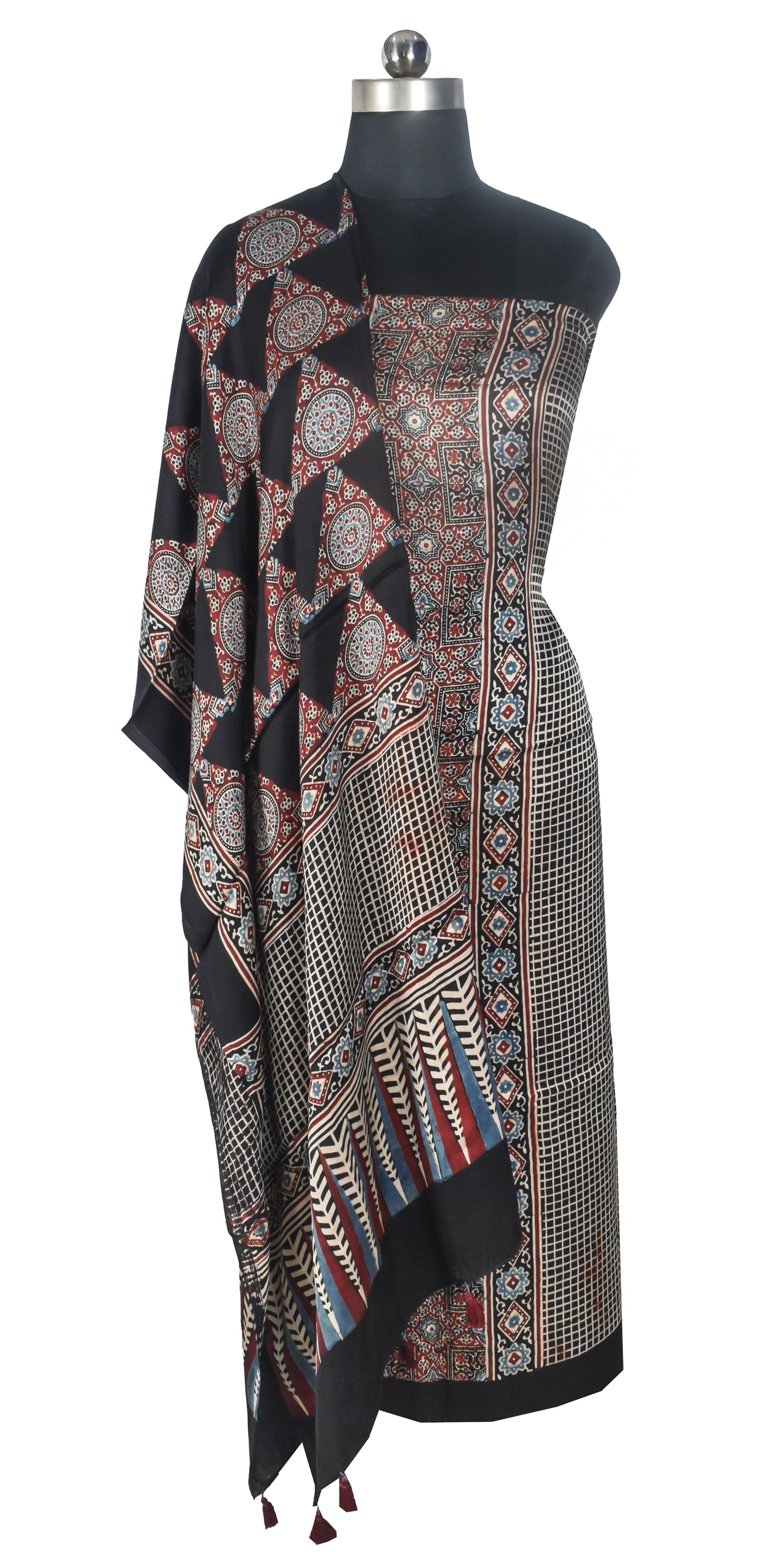 Ajrakh Modal Silk Natural Dye Three Colour Print | 3 Kam | Hand Block Print Kurta-Dupatta (Two Piece Set) with Full Ajrakh Heavy Dupatta with Tassels - 2.5 Mtr Length   -  SKU : AI10601J