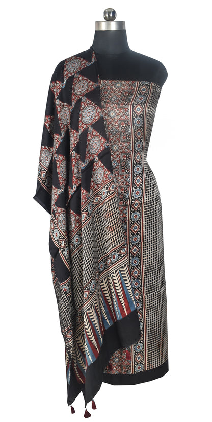 Ajrakh Modal Silk Natural Dye Three Colour Print | 3 Kam | Hand Block Print Kurta-Dupatta (Two Piece Set) with Full Ajrakh Heavy Dupatta with Tassels - 2.5 Mtr Length   -  SKU : AI10601J