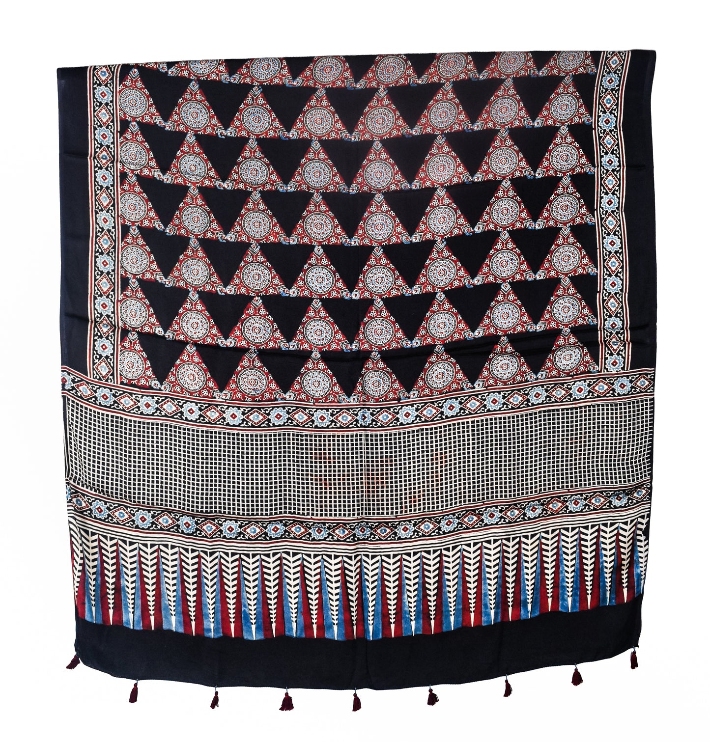 Ajrakh Modal Silk Natural Dye Three Colour Print | 3 Kam | Hand Block Print Kurta-Dupatta (Two Piece Set) with Full Ajrakh Heavy Dupatta with Tassels - 2.5 Mtr Length   -  SKU : AI10601J