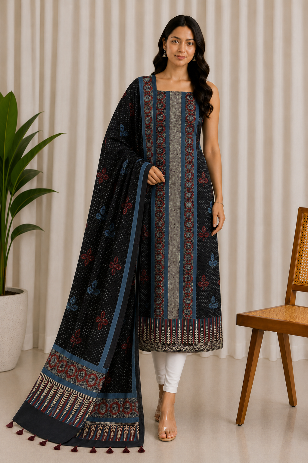 Ajrakh Modal Silk Natural Dye Three Colour Print | 3 Kam | Hand Block Print Kurta-Dupatta (Two Piece Set) with Full Ajrakh Heavy Dupatta with Tassels - 2.5 Mtr Length   -  SKU : AI10601M