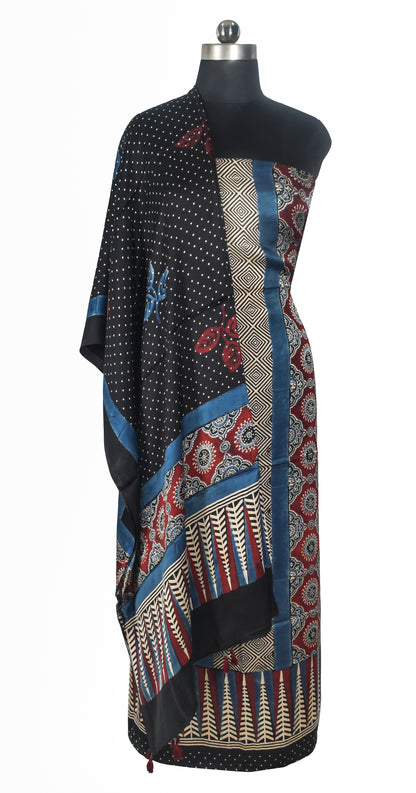 Ajrakh Modal Silk Natural Dye Three Colour Print | 3 Kam | Hand Block Print Kurta-Dupatta (Two Piece Set) with Full Ajrakh Heavy Dupatta with Tassels - 2.5 Mtr Length   -  SKU : AI10601M
