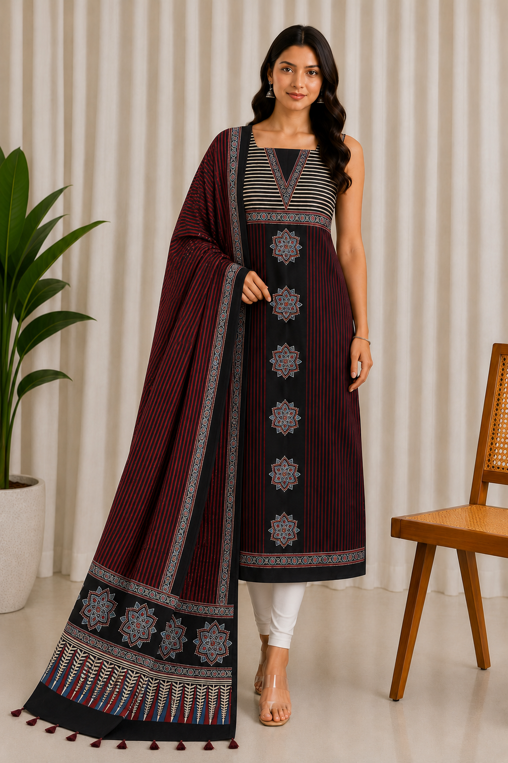 Ajrakh Modal Silk Natural Dye Three Colour Print | 3 Kam | Hand Block Print Kurta-Dupatta (Two Piece Set) with Full Ajrakh Heavy Dupatta with Tassels - 2.5 Mtr Length   -  SKU : AI10601P