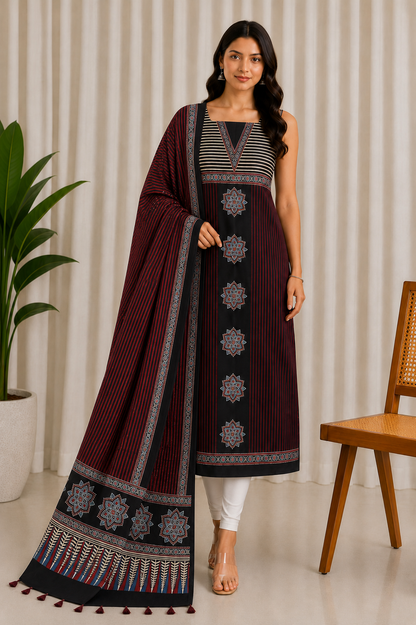 Ajrakh Modal Silk Natural Dye Three Colour Print | 3 Kam | Hand Block Print Kurta-Dupatta (Two Piece Set) with Full Ajrakh Heavy Dupatta with Tassels - 2.5 Mtr Length   -  SKU : AI10601P