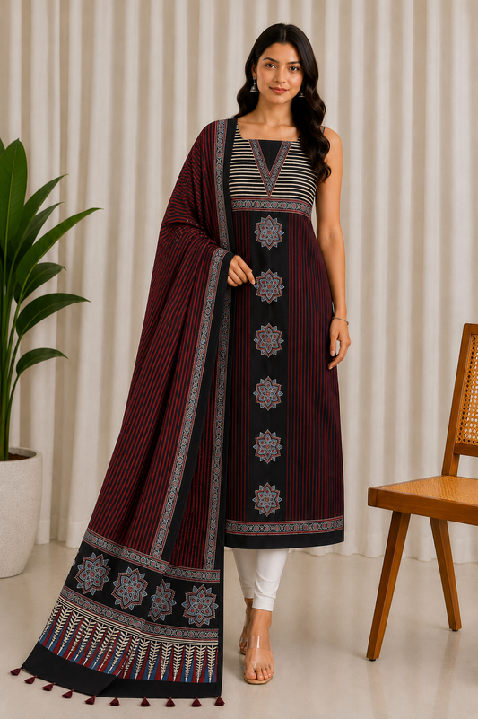 Ajrakh Modal Silk Natural Dye Three Colour Print | 3 Kam | Hand Block Print Kurta-Dupatta (Two Piece Set) with Full Ajrakh Heavy Dupatta with Tassels - 2.5 Mtr Length   -  SKU : AI10601P