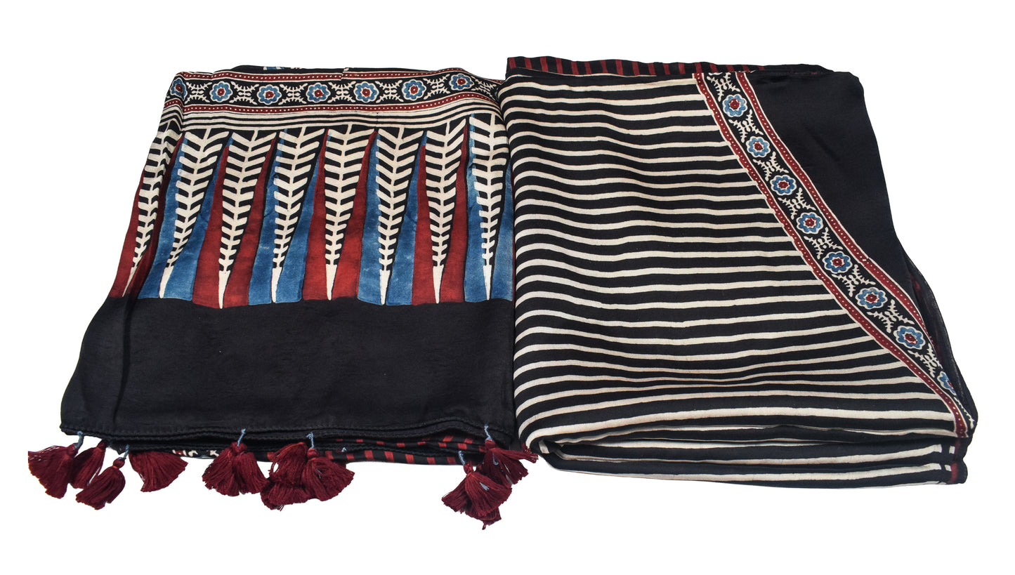 Ajrakh Modal Silk Natural Dye Three Colour Print | 3 Kam | Hand Block Print Kurta-Dupatta (Two Piece Set) with Full Ajrakh Heavy Dupatta with Tassels - 2.5 Mtr Length   -  SKU : AI10601P