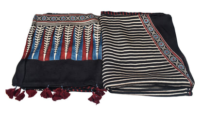 Ajrakh Modal Silk Natural Dye Three Colour Print | 3 Kam | Hand Block Print Kurta-Dupatta (Two Piece Set) with Full Ajrakh Heavy Dupatta with Tassels - 2.5 Mtr Length   -  SKU : AI10601P