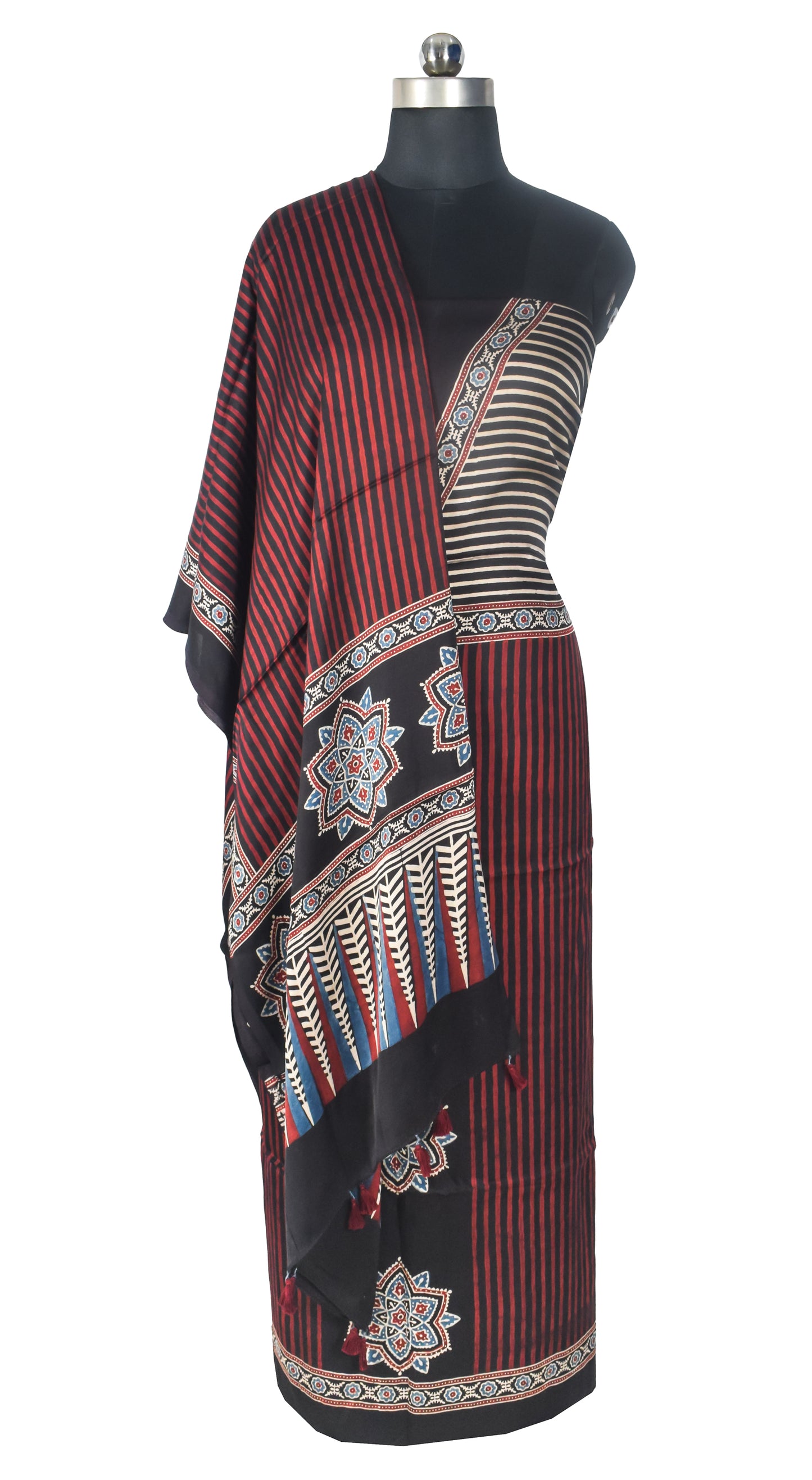 Ajrakh Modal Silk Natural Dye Three Colour Print | 3 Kam | Hand Block Print Kurta-Dupatta (Two Piece Set) with Full Ajrakh Heavy Dupatta with Tassels - 2.5 Mtr Length   -  SKU : AI10601P