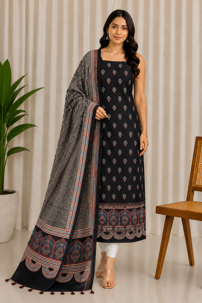 Ajrakh Modal Silk Natural Dye Three Colour Print | 3 Kam | Hand Block Print Kurta-Dupatta (Two Piece Set) with Full Ajrakh Heavy Dupatta with Tassels - 2.5 Mtr Length   -  SKU : AI10601S