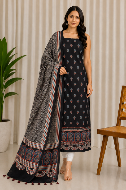 Ajrakh Modal Silk Natural Dye Three Colour Print | 3 Kam | Hand Block Print Kurta-Dupatta (Two Piece Set) with Full Ajrakh Heavy Dupatta with Tassels - 2.5 Mtr Length   -  SKU : AI10601S